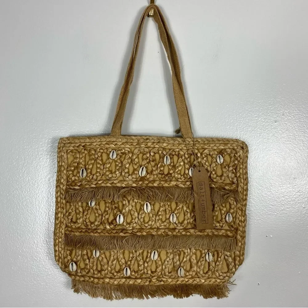 salt & umber jute and sea shell beach bag